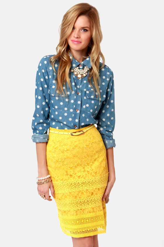 Sittin' Pretty Yellow Lace Pencil Skirt