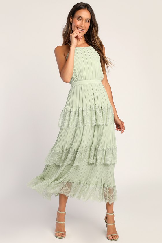 Came For Cocktails Sage Green Pleated Tiered Lace Maxi Dress