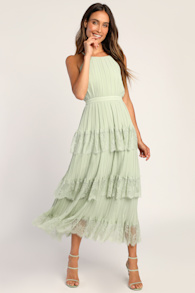 Came For Cocktails Sage Green Pleated Tiered Lace Maxi Dress 2