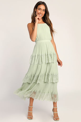 Came For Cocktails Sage Green Pleated Tiered Lace Maxi Dress 2
