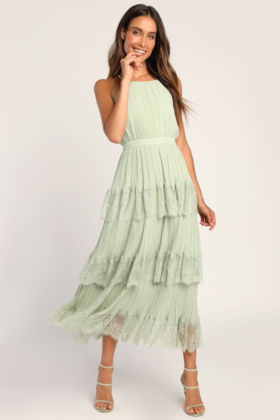 Came For Cocktails Sage Green Pleated Tiered Lace Maxi Dress 2