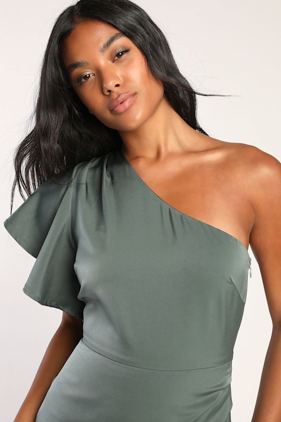 Green Mini Dress - One-Shoulder Dress - Satin Mini Dress - Lulus