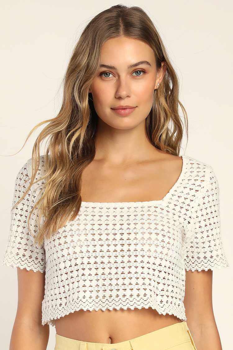 Jada White Sheer Short Sleeve Crochet Crop Top