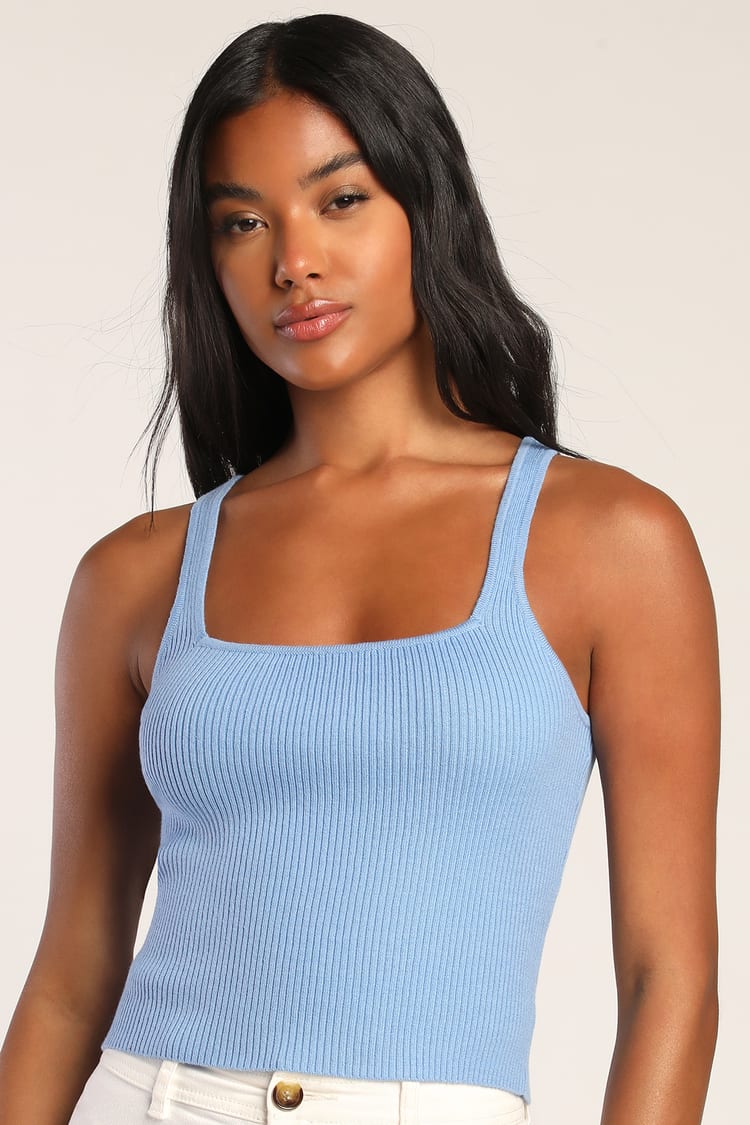 A Square Event Light Blue Ribbed Square Neck Cropped Tank Top