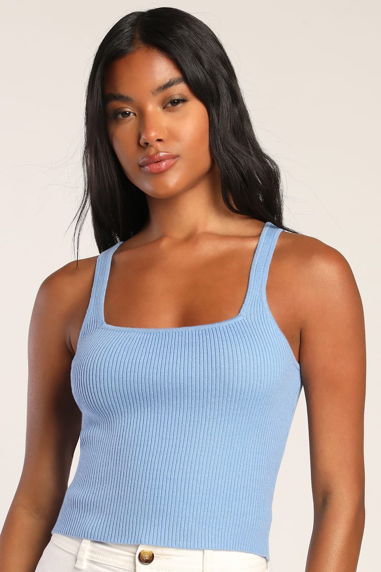 Square Neck Crop Top - Blue Crop Top - Blue Ribbed Crop Top - Lulus