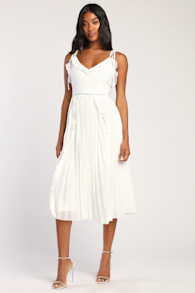 Never a Dull Moment White Tie-Strap Pleated Midi Dress 5