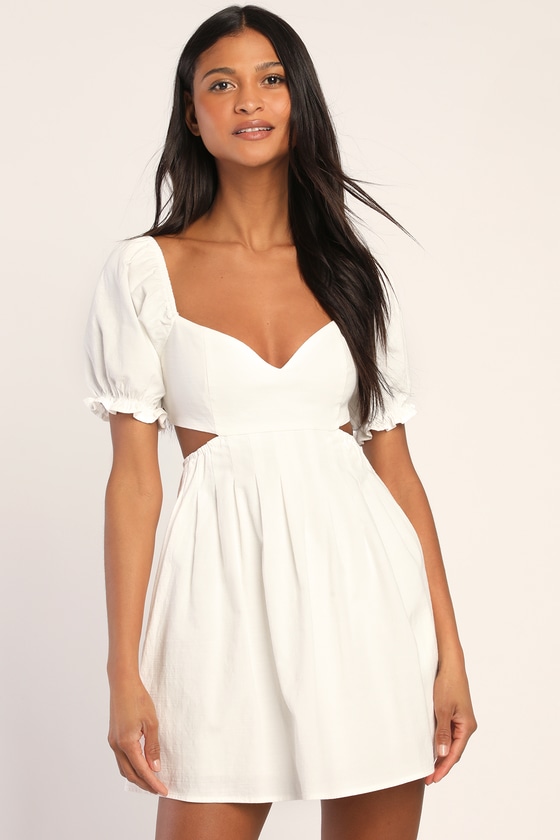 Love the Feeling White Puff Sleeve Lace-Up Cutout Mini Dress
