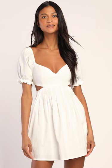 White Puff Sleeve Mini Dress Lace-Up Dress Backless Dress Lulus