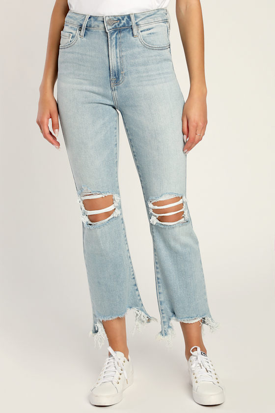 Happi Light Wash High Rise Cropped Raw Hem Flare Jeans 2