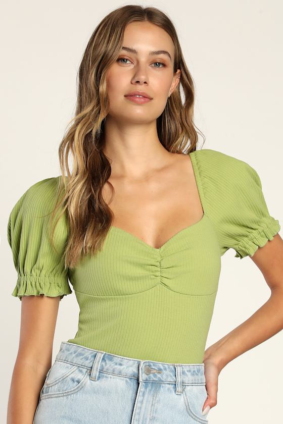 Cute Green Bodysuit Ribbed Knit Bodysuit Puff Sleeve Bodysuit Lulus