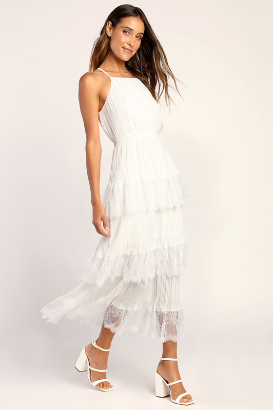 Came For Cocktails White Pleated Tiered Lace Maxi Dress