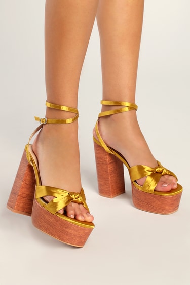 Lucianto Gold Satin Ankle Strap Wooden Platform Sandals