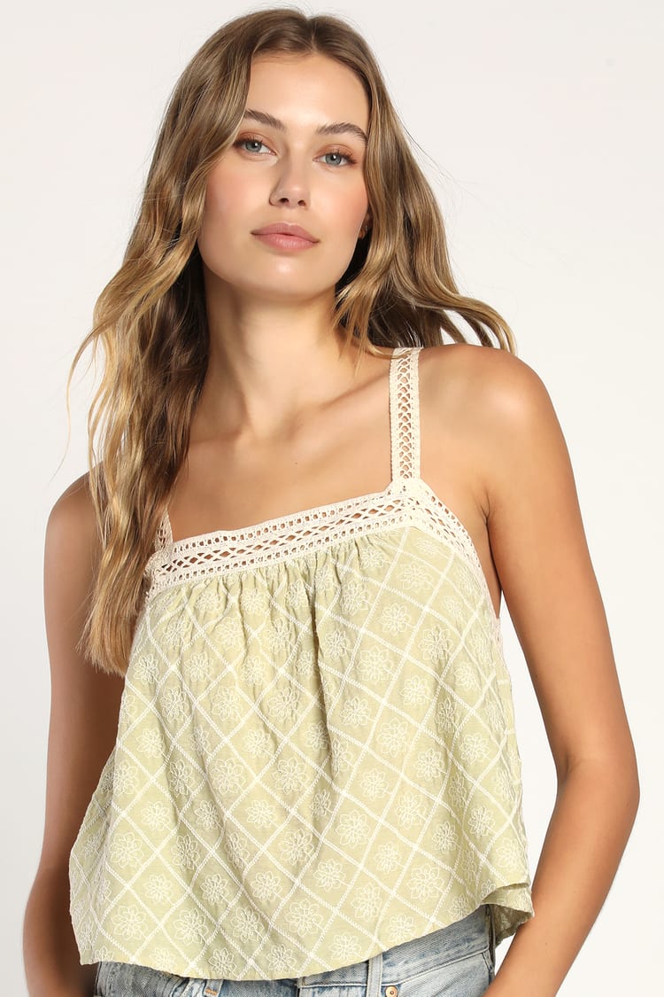 Country Cute Sage Green Embroidered Babydoll Tank Top