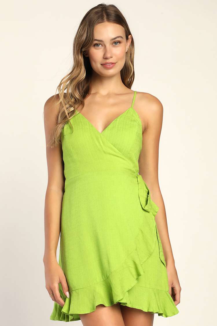 Lime Green Wrap Dress - Sleeveless Mini Dress - Ruffled Dress - Lulus Lime Green Wrap Dress - Sleeveless Mini Dress - Ruffled Dress - Lulus