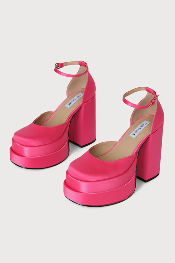 Charlize Pink Satin Double Platform Ankle Strap Pumps 3