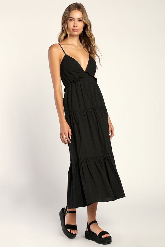 Black Swiss Dot Dress - Tiered Midi Dress - Sleeveless Dress - Lulus