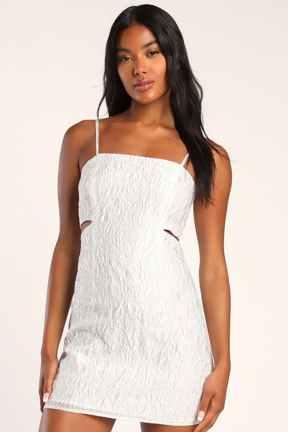 White Jacquard Mini Dress - Textured Dress - Cutout Mini