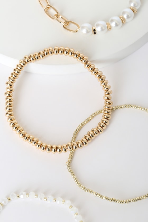 Lulus Stacked Up Style Gold Pearl Bracelet Set In Gold