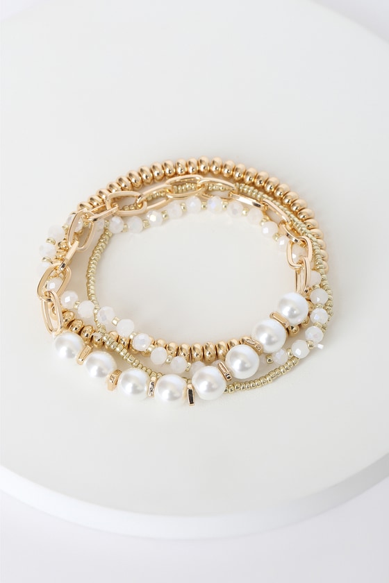 GOLD Cream Pearl Stretch Bracelet Set - Bracelets
