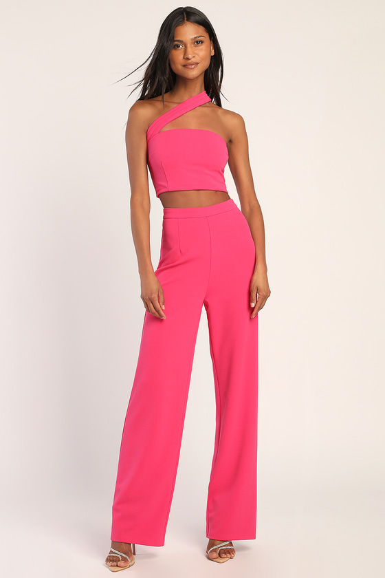 Prettylittlething Women's Hot Pink Drape One Shoulder Jumpsuit - Size 0