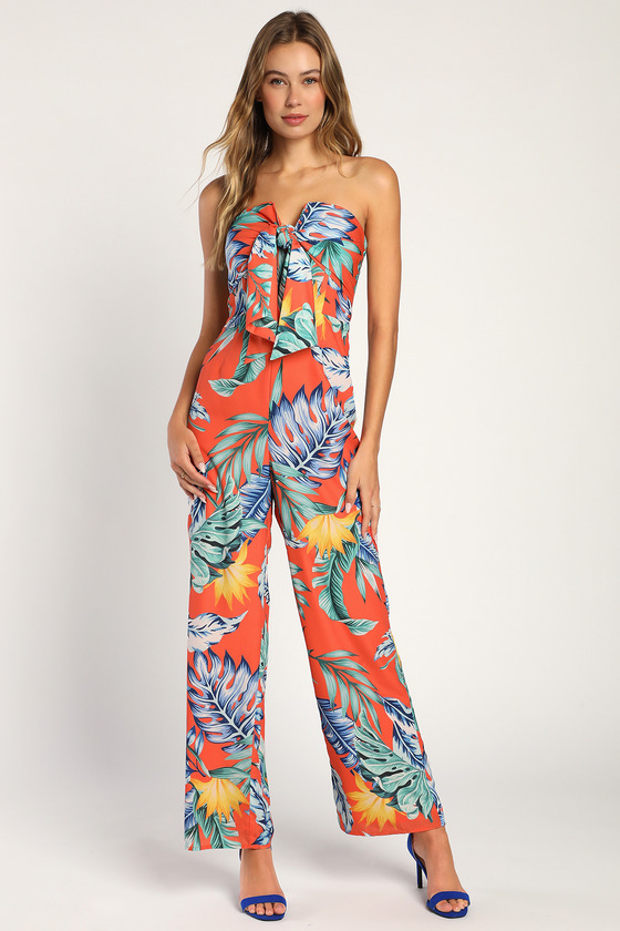 Orange Tropical Jumpsuit - Strapless Jumpsuit - Notched Jumpsuit - Lulus