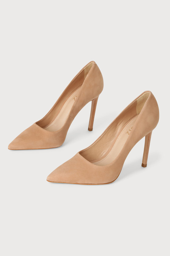 S-Lou Honey Beige Nubuck Leather Pointed-Toe Pumps 3