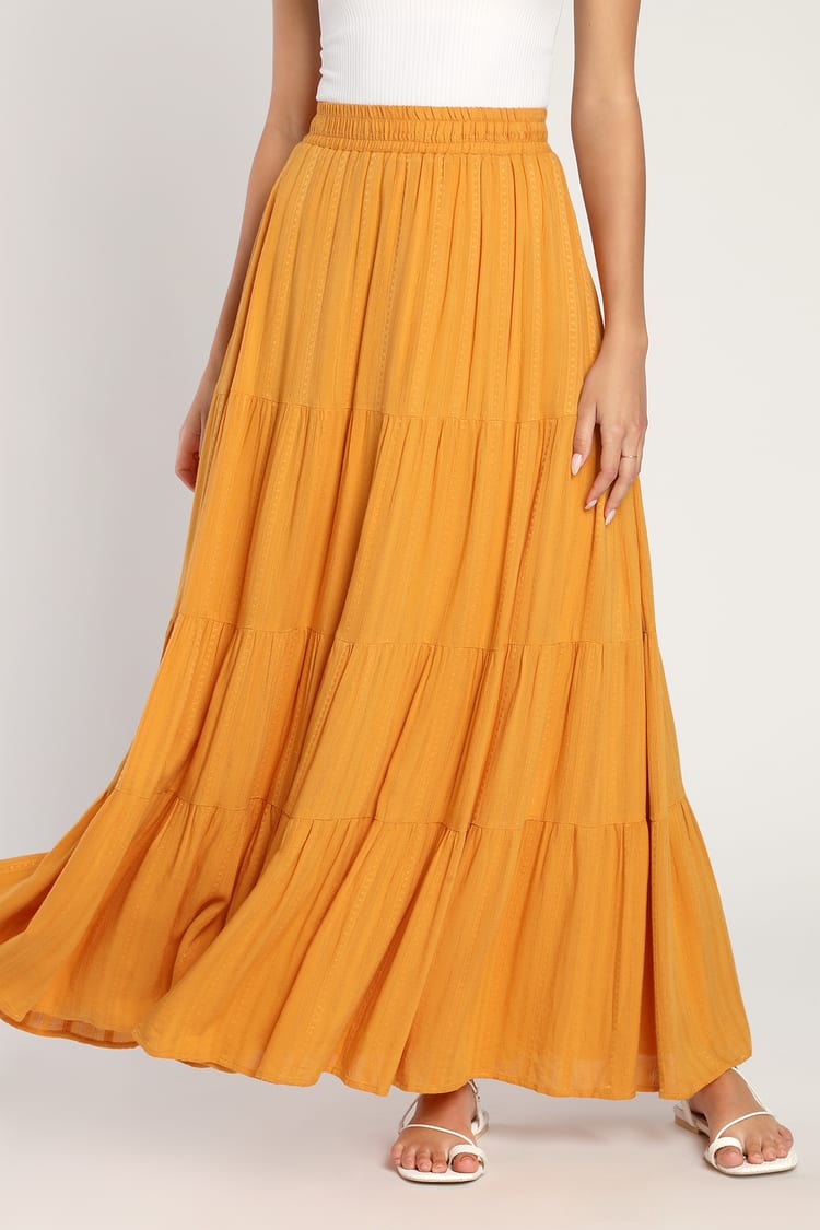 Sunset by the Sea Mustard Yellow Embroidered Tiered Maxi Skirt