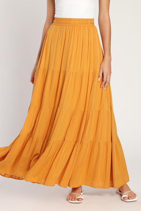 Sunset by the Sea Mustard Yellow Embroidered Tiered Maxi Skirt 3