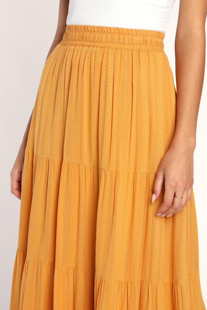 Sunset by the Sea Mustard Yellow Embroidered Tiered Maxi Skirt
