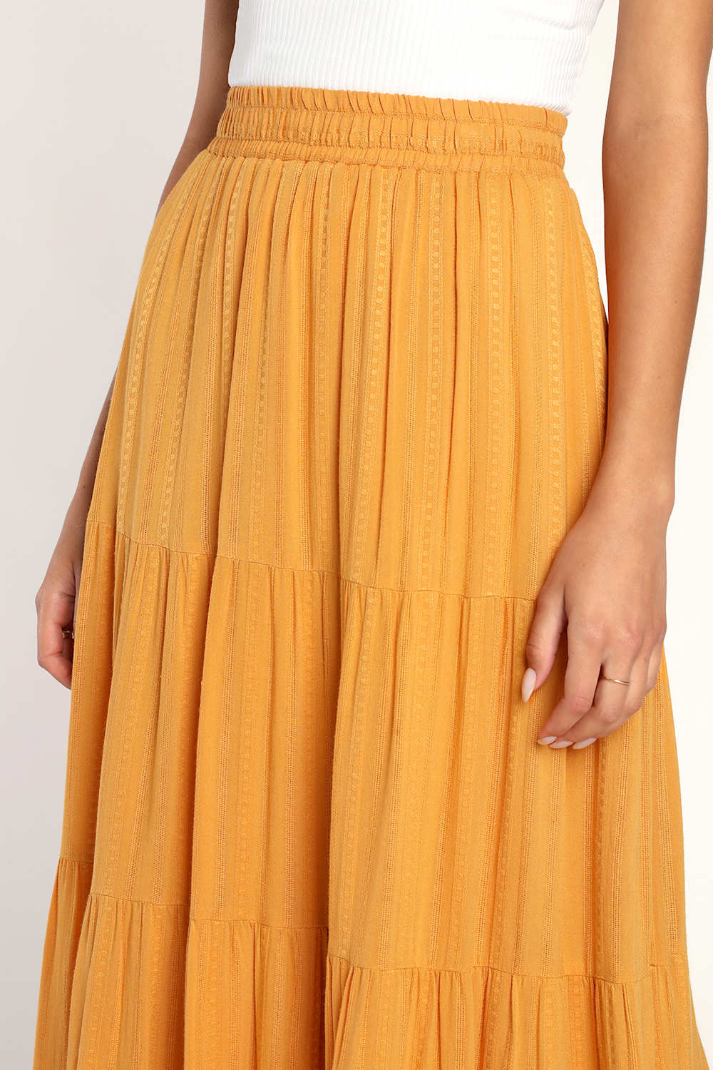 Sunset by the Sea Mustard Yellow Embroidered Tiered Maxi Skirt