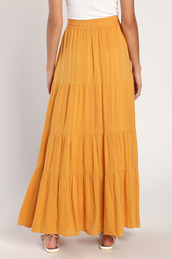 Sunset by the Sea Mustard Yellow Embroidered Tiered Maxi Skirt - thumbnail 4