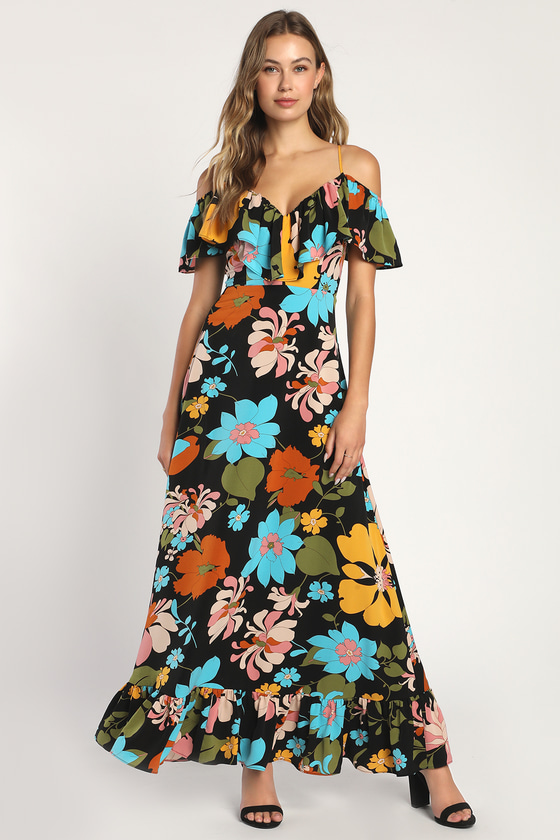 Black Floral Dress - Ruffled Maxi Dress - Cold-Shoulder Dress - Lulus