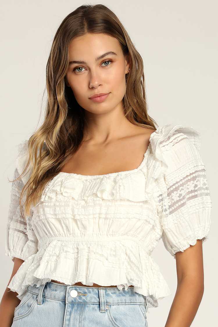 Summers in Sicily White Lace Ruffled Puff Sleeve Top