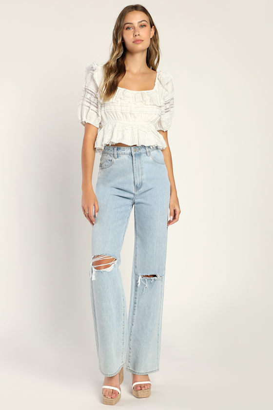 Women White Satin Lace Detail Puff Sleeves Top