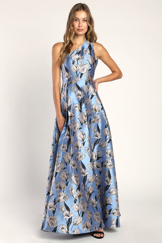 Blue Floral Print Maxi Dress - One-Shoulder Dress - Jacquard