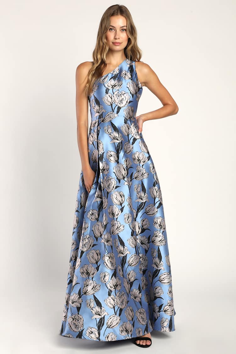 green emerald velvet dress Donna Karan Women's One-Shoulder Metallic Jacquard A-Line Gown - Nightfall