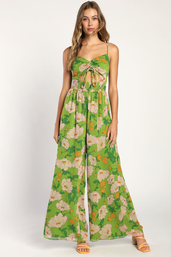 Garden of Plenty Green Floral Print Cutout Wide-Leg Jumpsuit 2