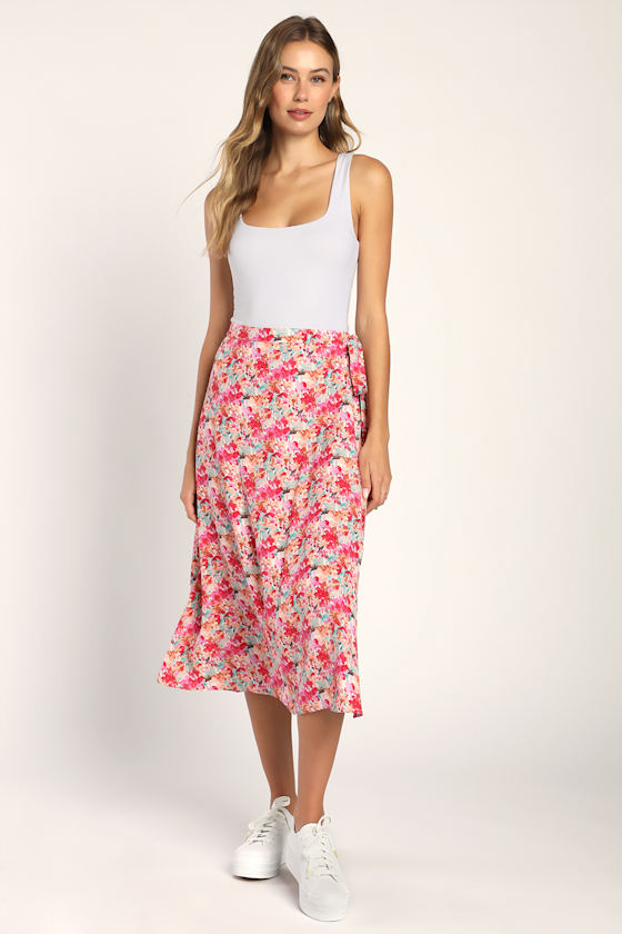 Pink Floral Print Skirt Wrap Midi Skirt Midi Wrapping Skirt Lulus