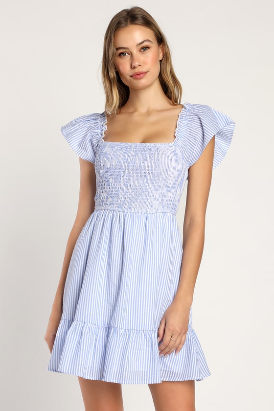 Seer Delight Blue Striped Smocked Ruffled Mini Dress