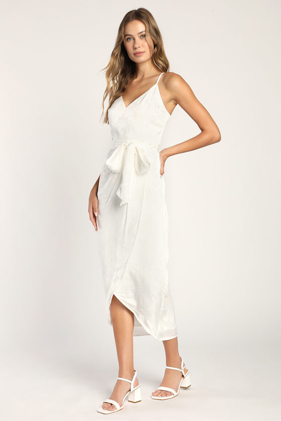 Fall In Love Again White Satin Jacquard Tulip Midi Dress 5