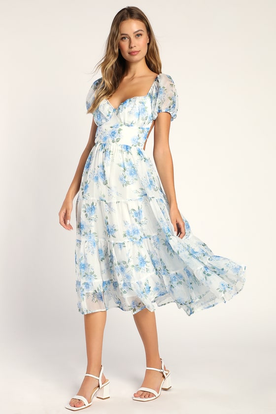 Always Picked First White Floral Print Puff Sleeve Midi Dress