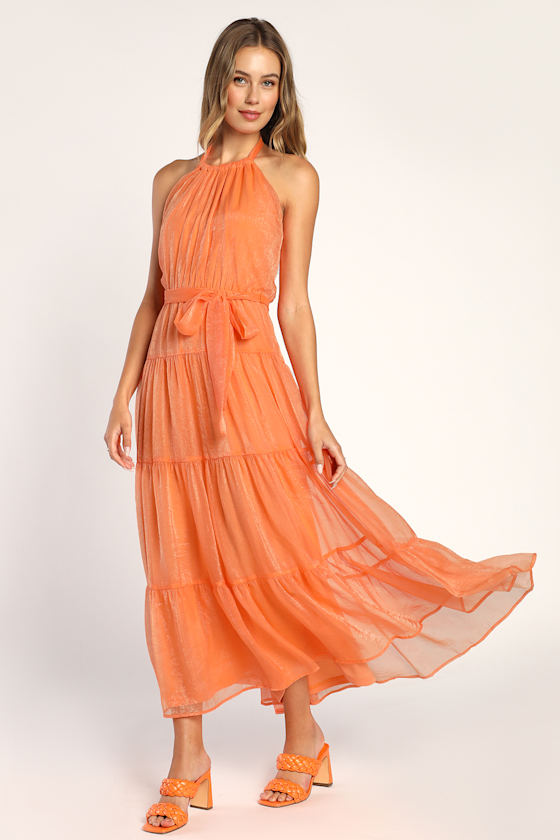 Halter Long Chiffon Dress with Open Back Orange main image 1