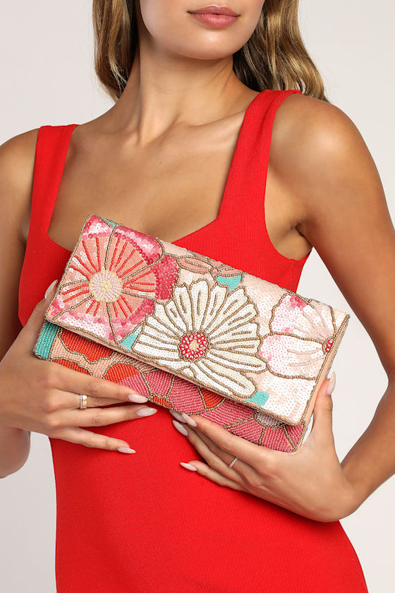 Bead Beautiful Pink Multi Floral Beaded Clutch 1