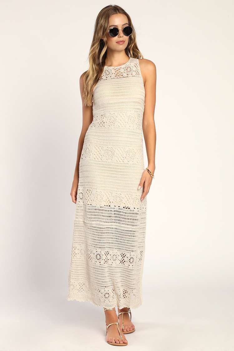 Crochet You Love Me Beige Crocheted Sleeveless Maxi Dress