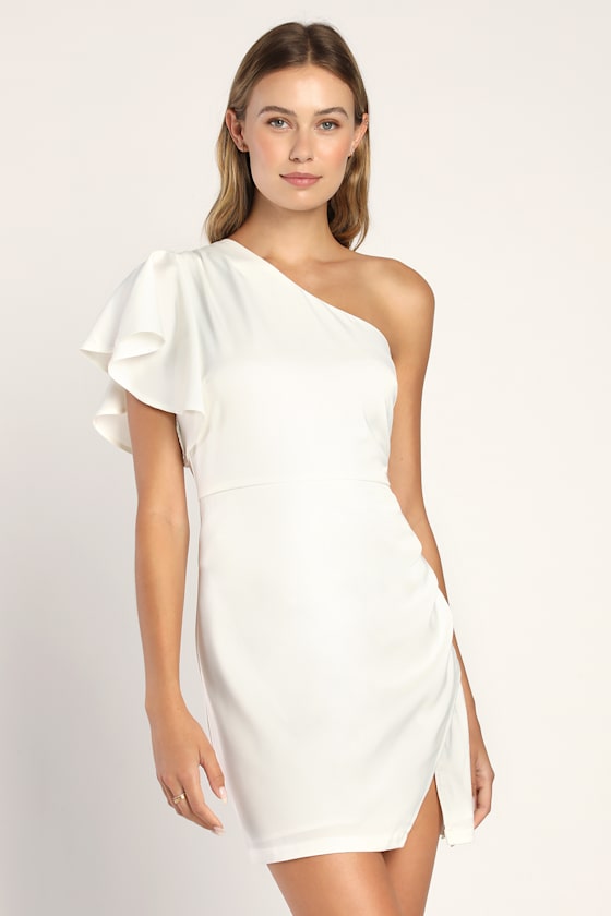 White Mini Dress OneShoulder Dress Satin Mini Dress Lulus
