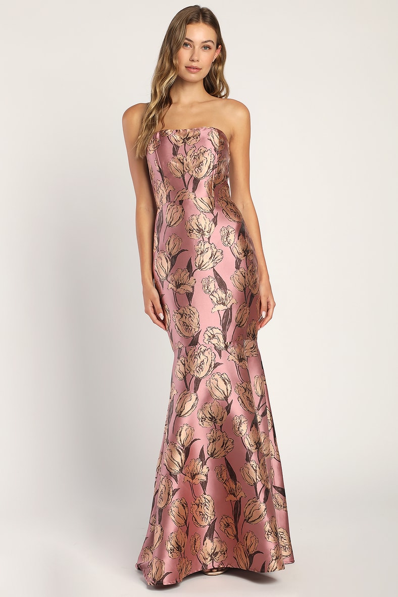 Gowning Around Mauve Floral Jacquard Strapless Maxi Dress