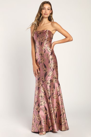 Gowning Around Mauve Floral Jacquard Strapless Maxi Dress