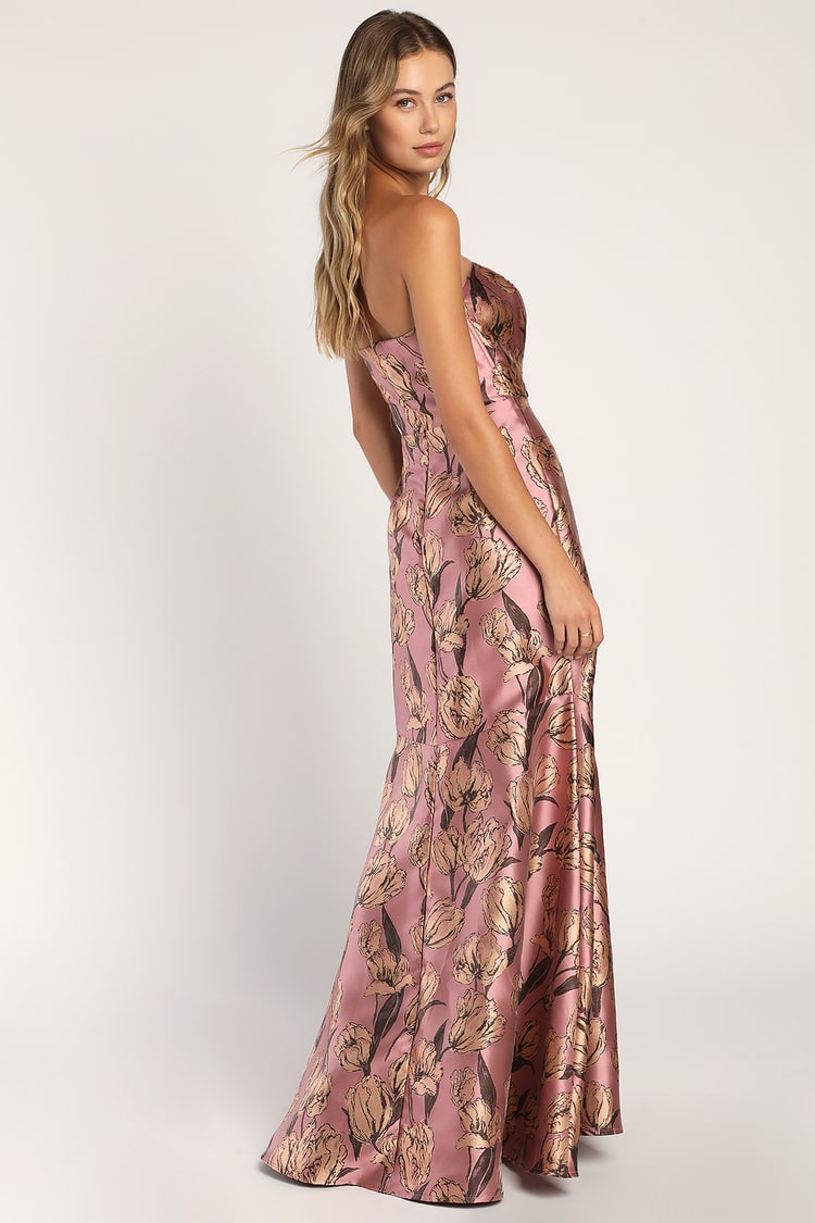 Gowning Around Mauve Floral Jacquard Strapless Maxi Dress