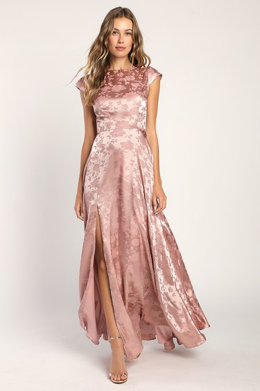 So Elegantly Dusty Rose Satin Jacquard Floral Cutout Maxi Dress