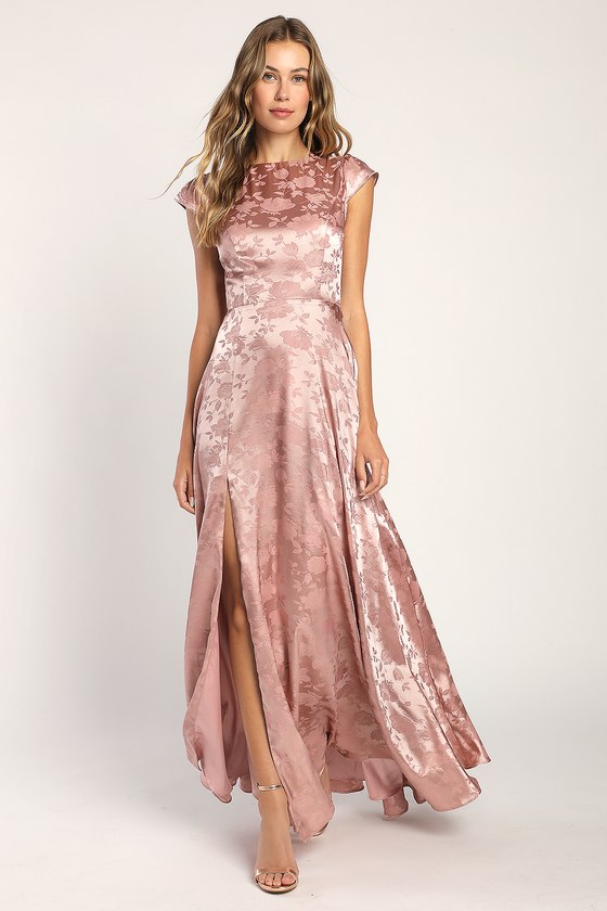 Dusty Rose Satin Dress Cap Sleeve Satin Dress Jacquard Dress Lulus